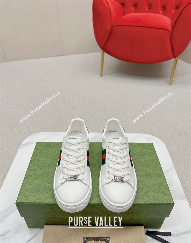 Gucci Ace Leather Sneakers with Web White/Green 3 2024 GG101408 (MD-241014078)