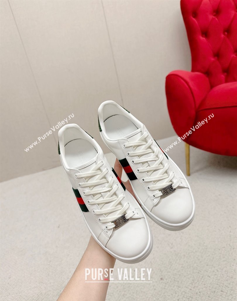 Gucci Ace Leather Sneakers with Web White/Green 3 2024 GG101408 (MD-241014078)