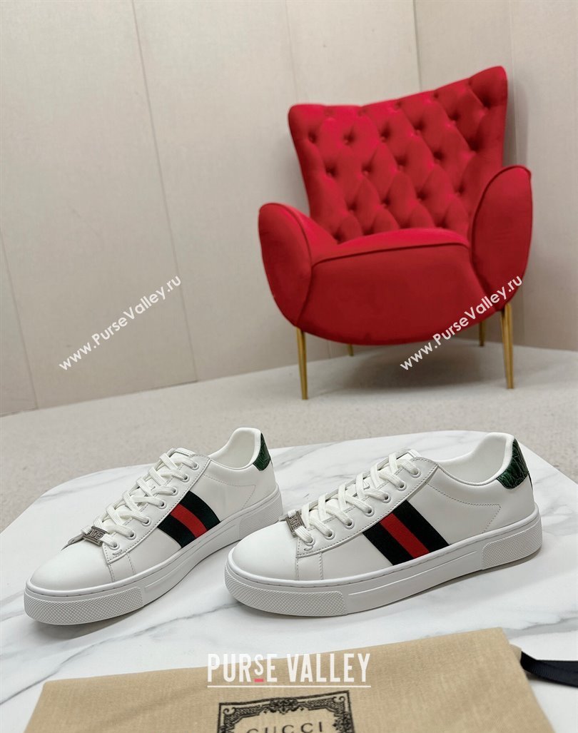 Gucci Ace Leather Sneakers with Web White/Green 3 2024 GG101408 (MD-241014078)