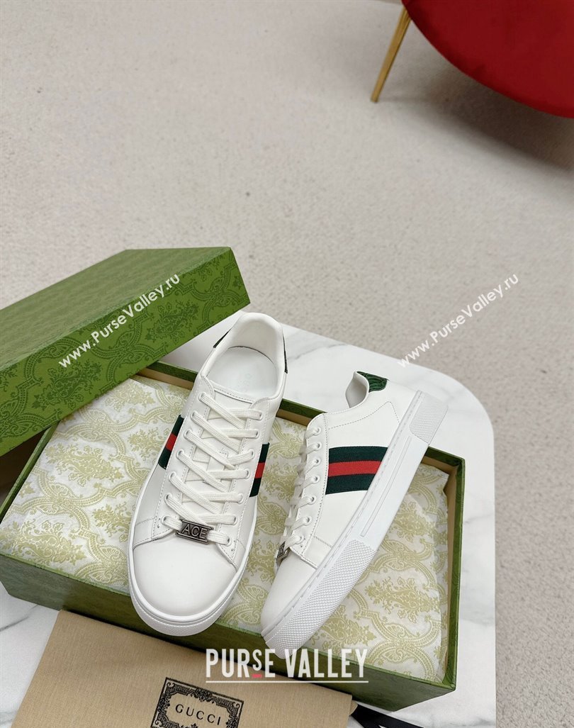 Gucci Ace Leather Sneakers with Web White/Green 3 2024 GG101408 (MD-241014078)