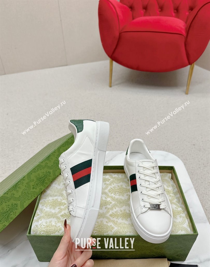 Gucci Ace Leather Sneakers with Web White/Green 3 2024 GG101408 (MD-241014078)