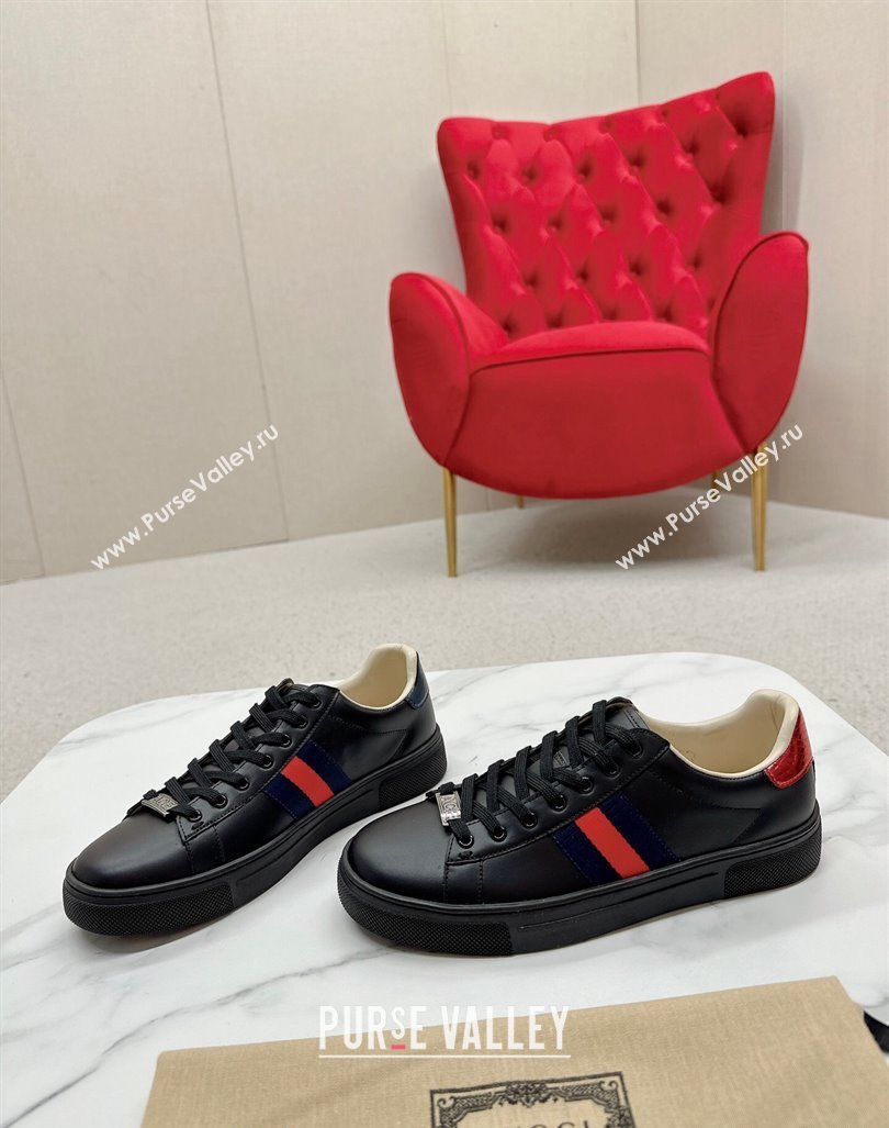 Gucci Ace Leather Sneakers with Web Black 4 2024 GG101408 (MD-241014079)