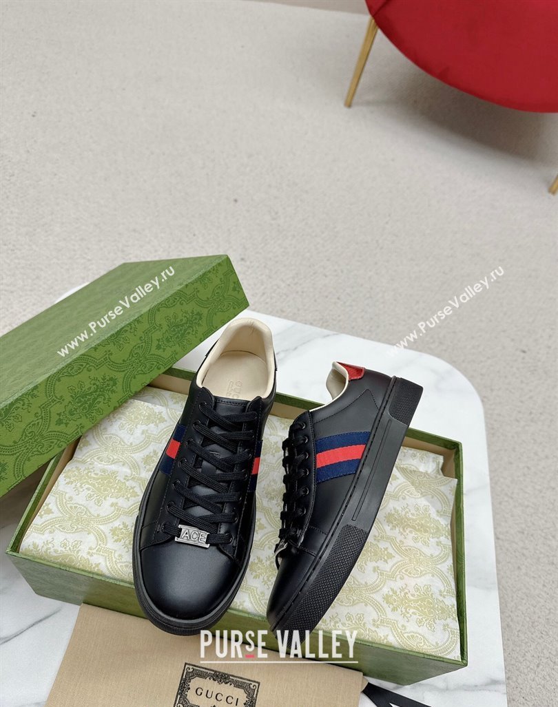 Gucci Ace Leather Sneakers with Web Black 4 2024 GG101408 (MD-241014079)