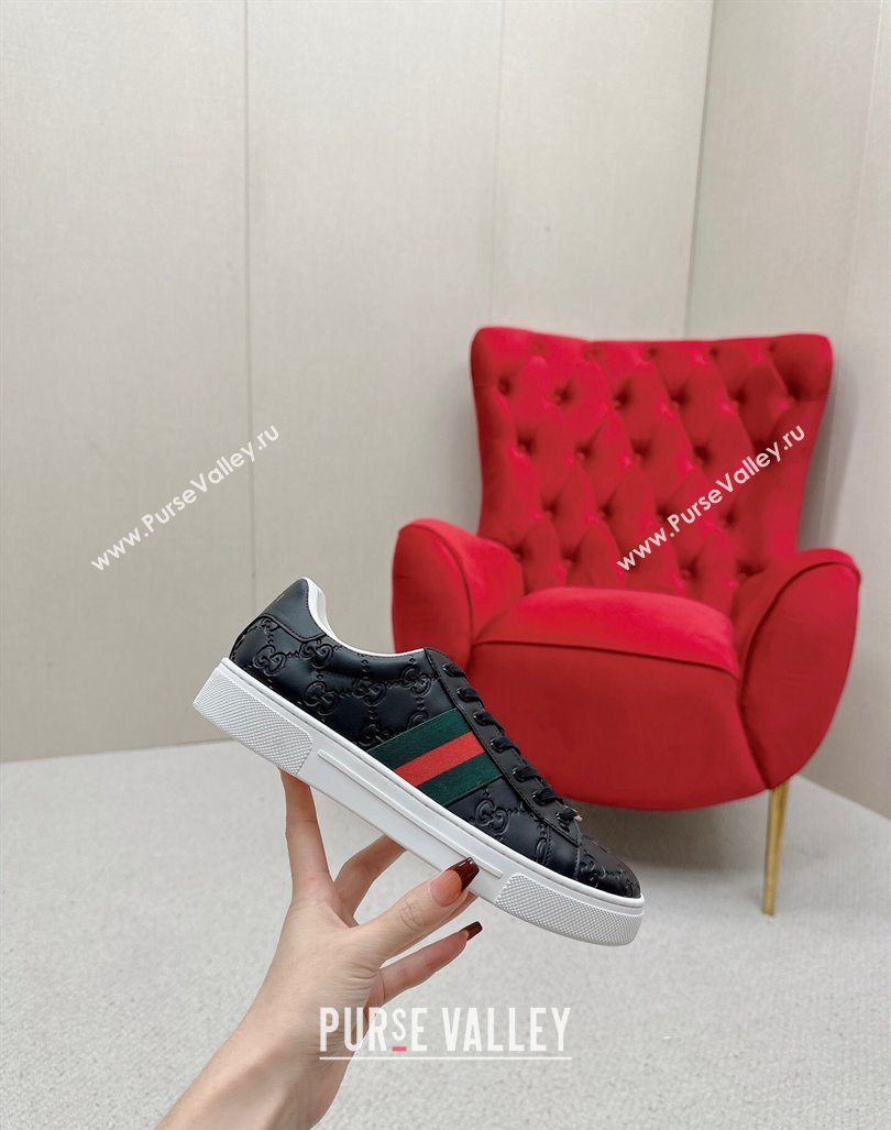 Gucci Ace Sneakers in Black GG Embossed Leather with Web 06 2024 GG101408 (MD-241014081)