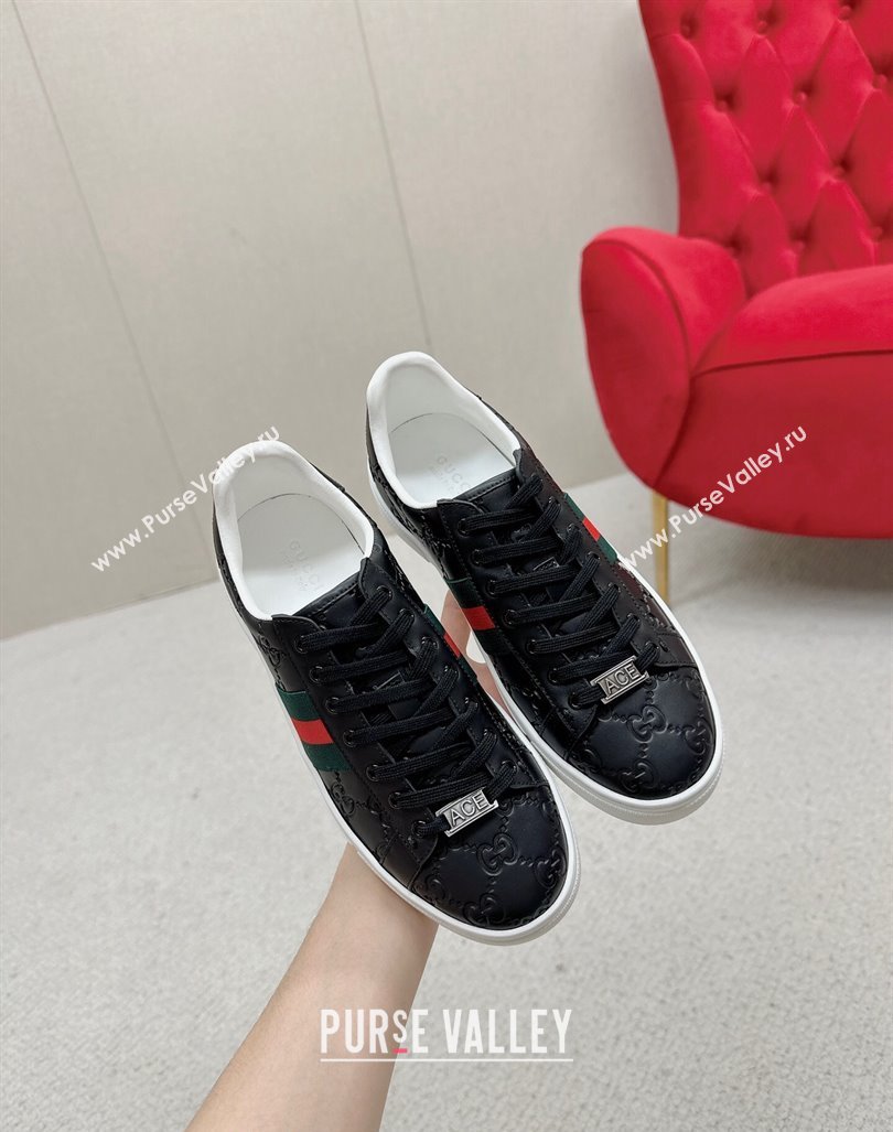 Gucci Ace Sneakers in Black GG Embossed Leather with Web 06 2024 GG101408 (MD-241014081)