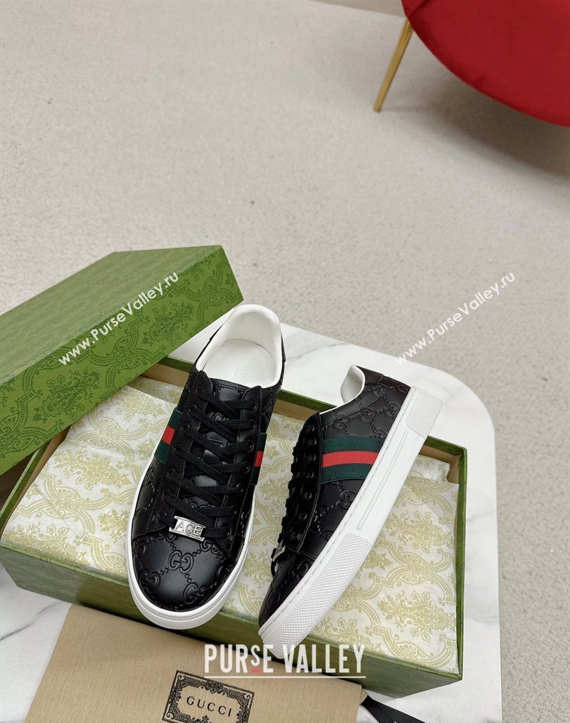 Gucci Ace Sneakers in Black GG Embossed Leather with Web 06 2024 GG101408 (MD-241014081)