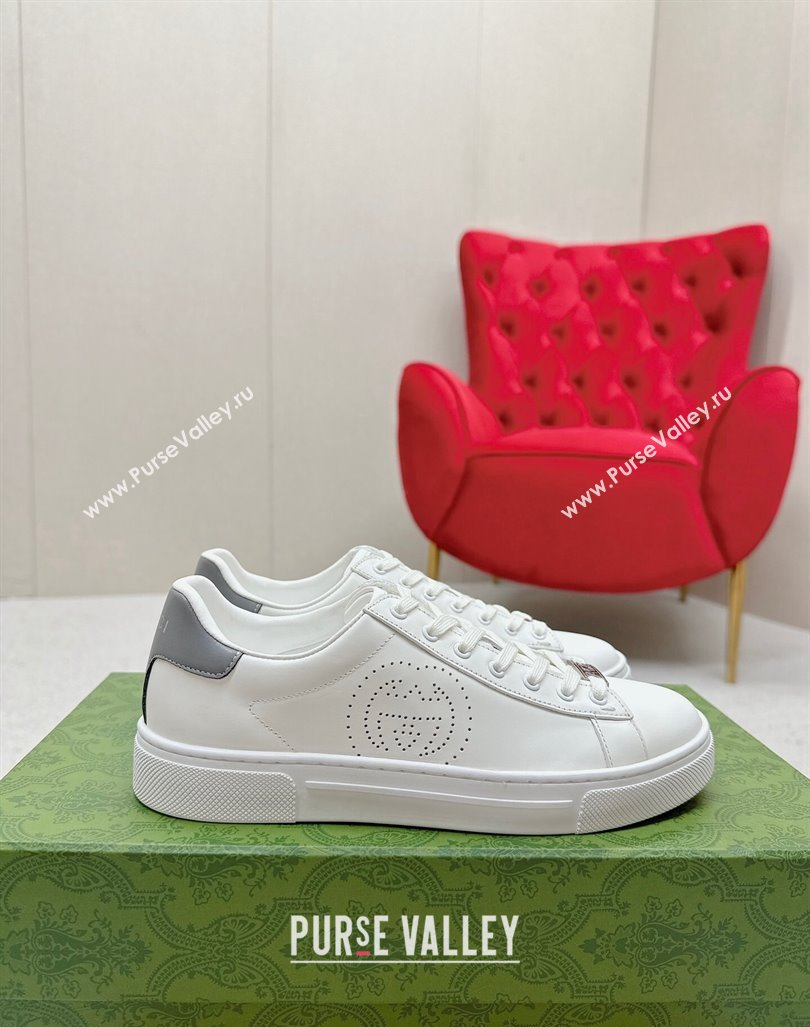 Gucci Ace Leather Sneakers with Perforated Interlocking G White/Grey 2024 GG101408 (MD-241014084)