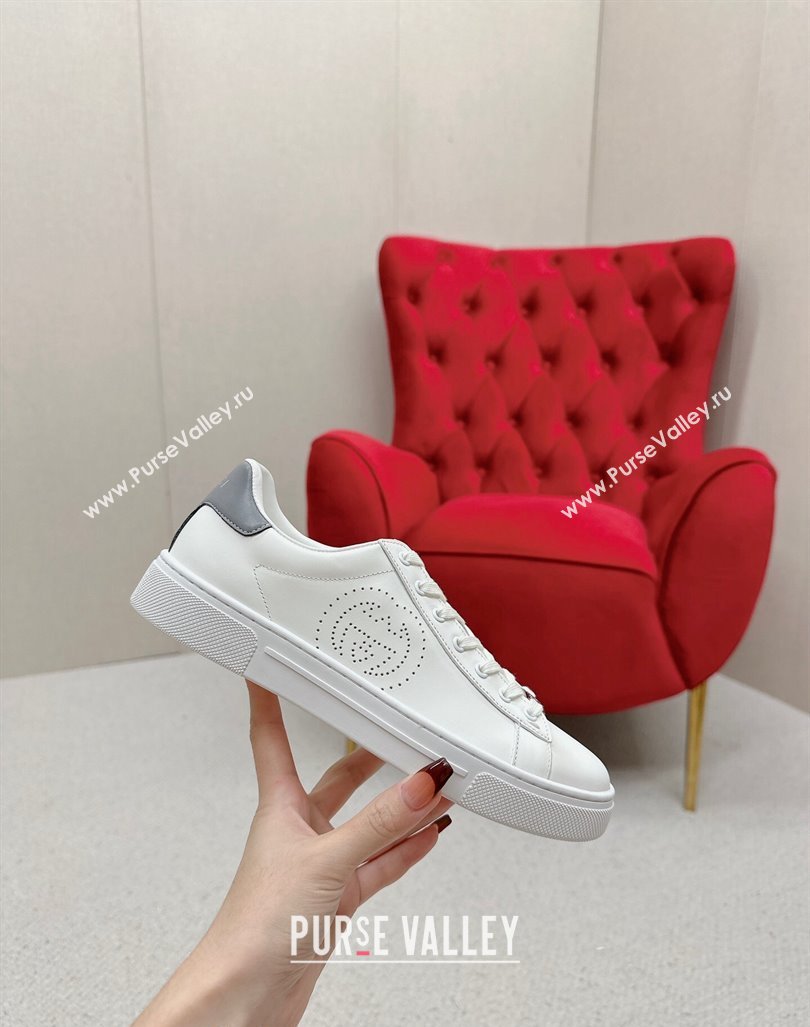 Gucci Ace Leather Sneakers with Perforated Interlocking G White/Grey 2024 GG101408 (MD-241014084)