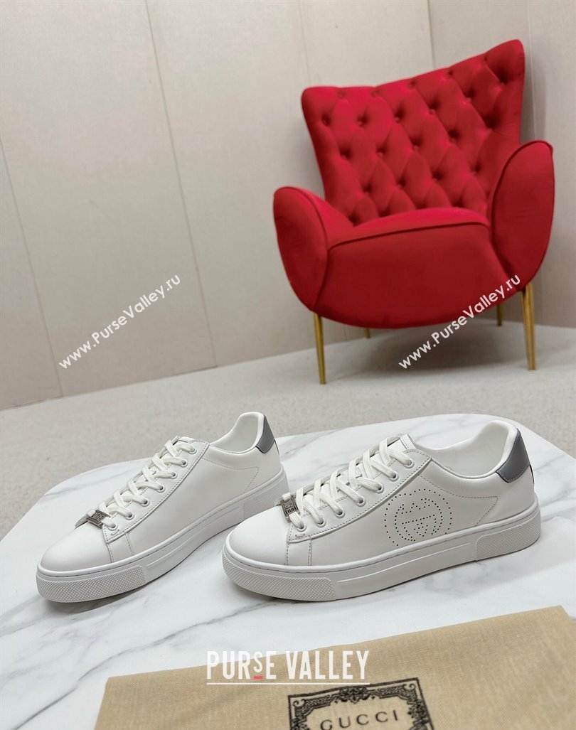 Gucci Ace Leather Sneakers with Perforated Interlocking G White/Grey 2024 GG101408 (MD-241014084)