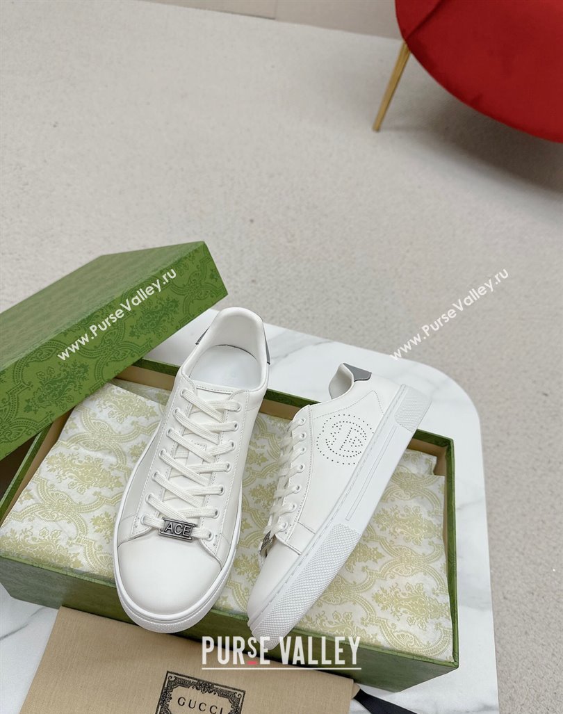 Gucci Ace Leather Sneakers with Perforated Interlocking G White/Grey 2024 GG101408 (MD-241014084)