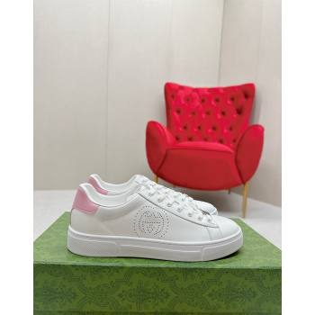 Gucci Ace Leather Sneakers with Perforated Interlocking G White/Pink 2024 GG101408 (MD-241014085)