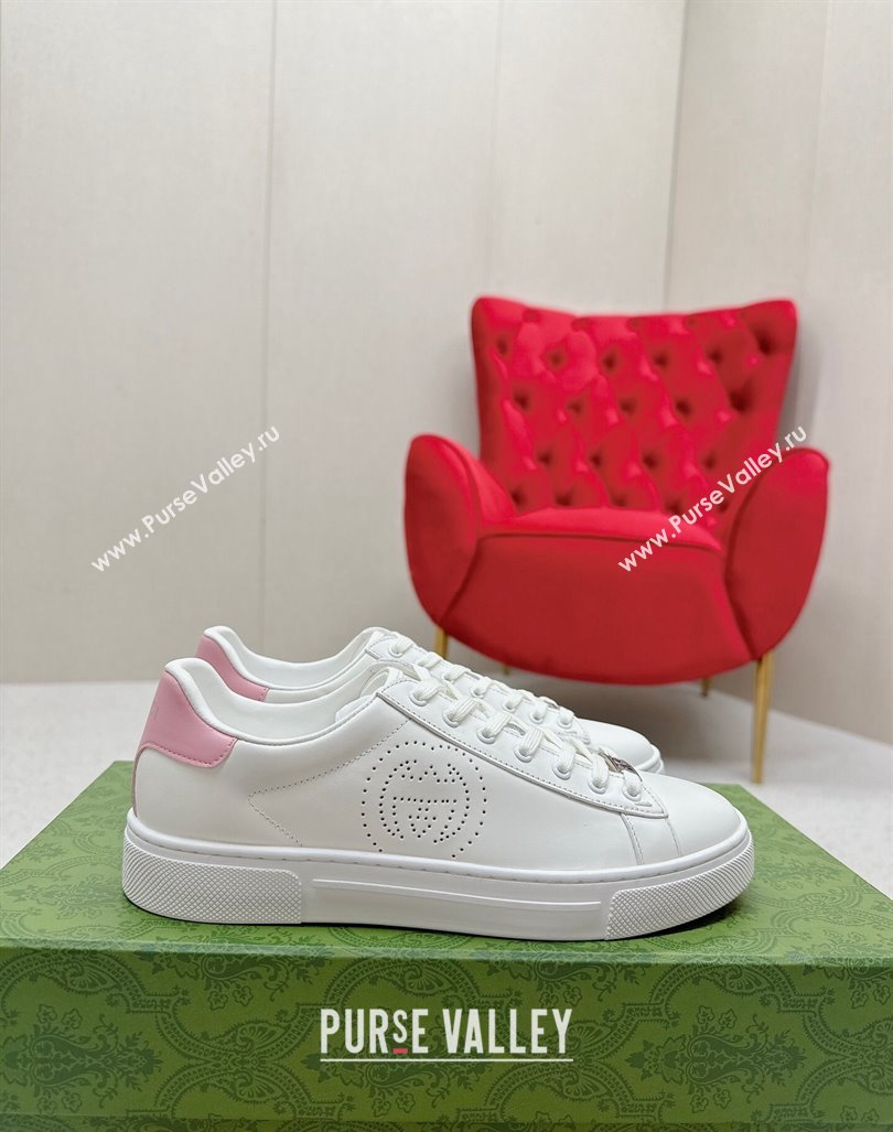 Gucci Ace Leather Sneakers with Perforated Interlocking G White/Pink 2024 GG101408 (MD-241014085)