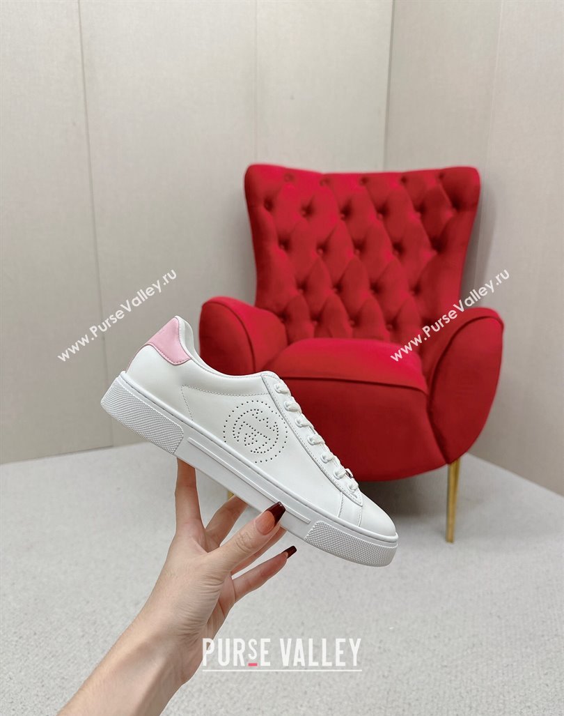 Gucci Ace Leather Sneakers with Perforated Interlocking G White/Pink 2024 GG101408 (MD-241014085)