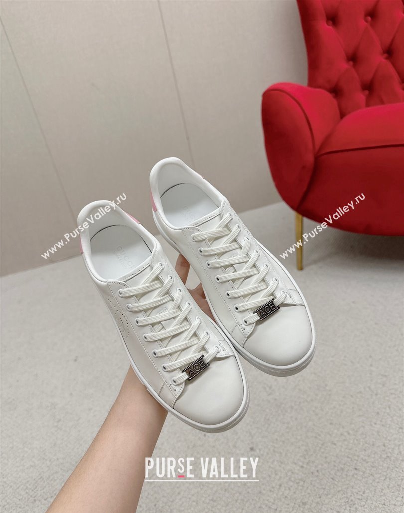 Gucci Ace Leather Sneakers with Perforated Interlocking G White/Pink 2024 GG101408 (MD-241014085)