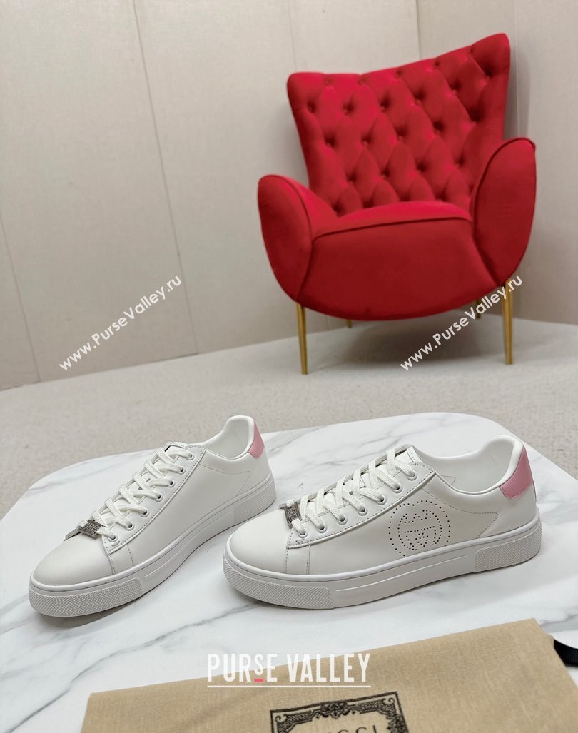 Gucci Ace Leather Sneakers with Perforated Interlocking G White/Pink 2024 GG101408 (MD-241014085)