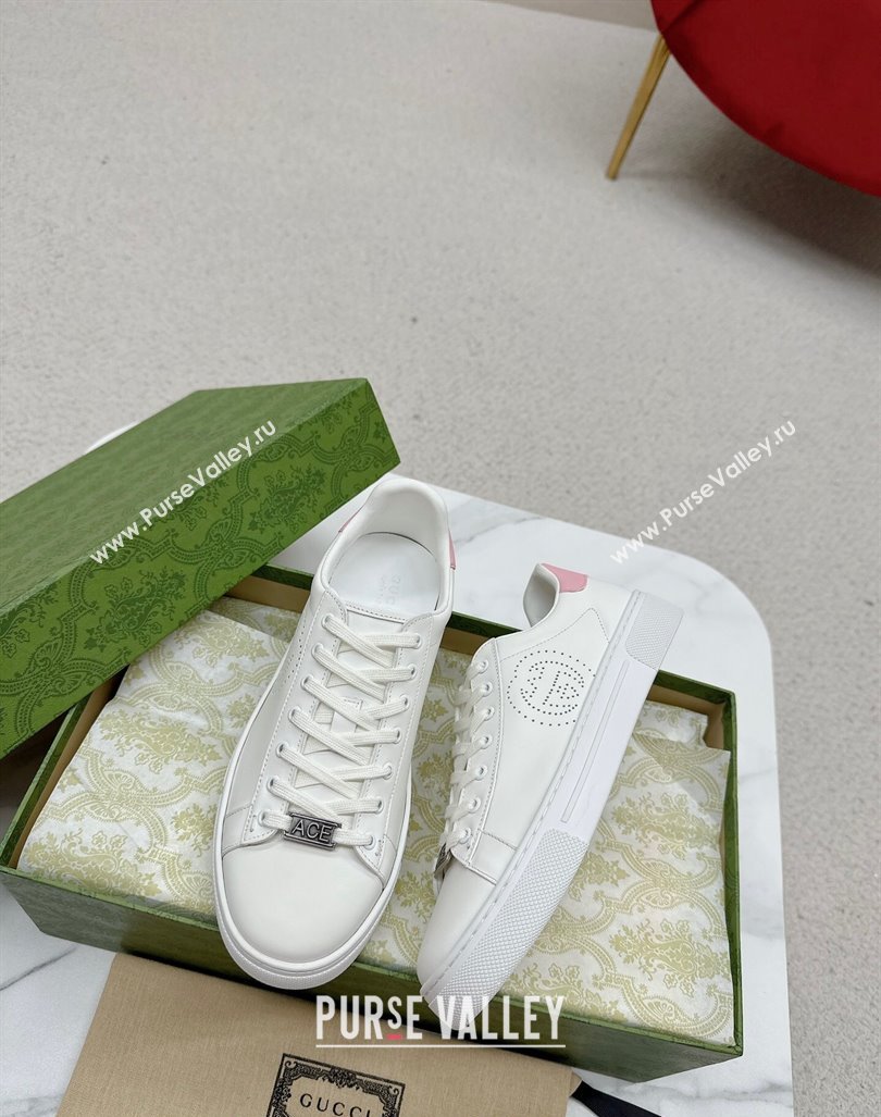 Gucci Ace Leather Sneakers with Perforated Interlocking G White/Pink 2024 GG101408 (MD-241014085)