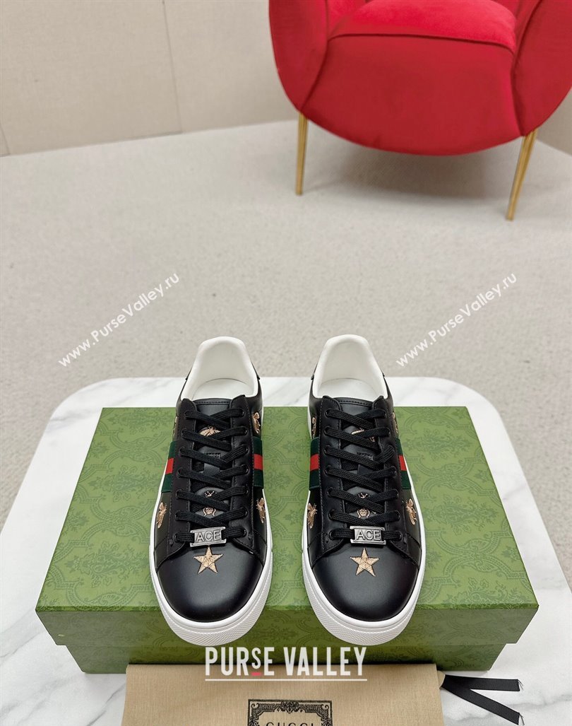 Gucci Ace Leather Sneakers with Bee and Star Black 2024 GG101408 (MD-241014089)