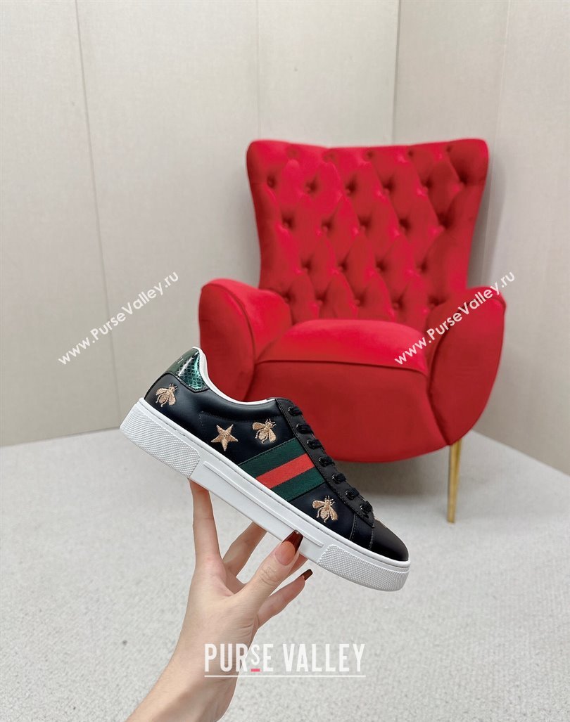 Gucci Ace Leather Sneakers with Bee and Star Black 2024 GG101408 (MD-241014089)