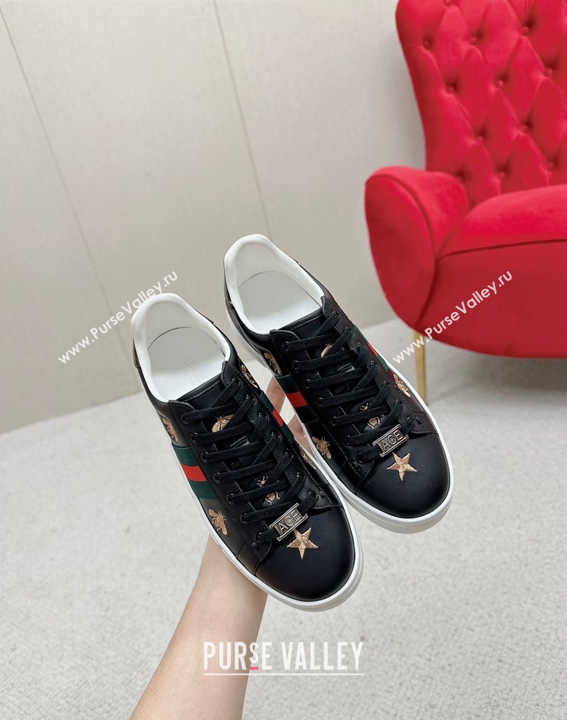 Gucci Ace Leather Sneakers with Bee and Star Black 2024 GG101408 (MD-241014089)