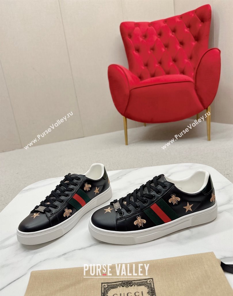 Gucci Ace Leather Sneakers with Bee and Star Black 2024 GG101408 (MD-241014089)