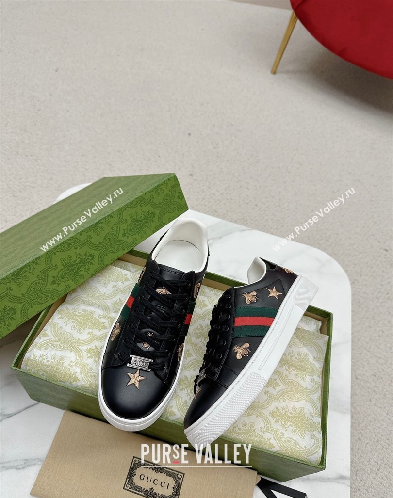 Gucci Ace Leather Sneakers with Bee and Star Black 2024 GG101408 (MD-241014089)