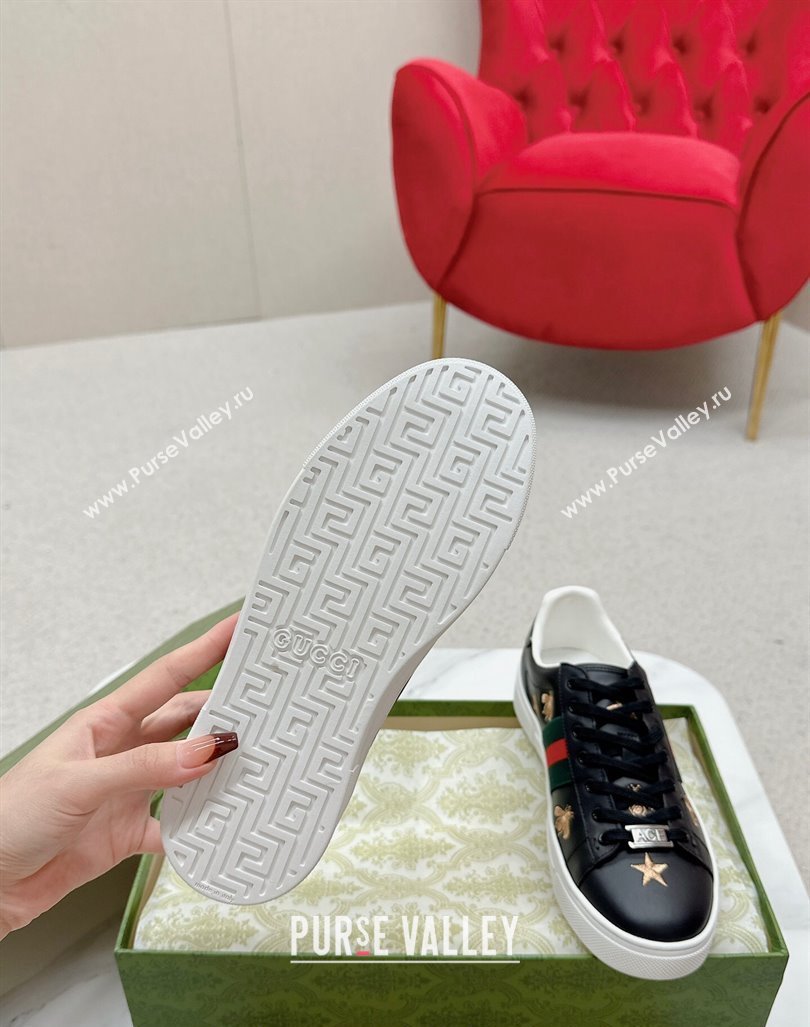 Gucci Ace Leather Sneakers with Bee and Star Black 2024 GG101408 (MD-241014089)