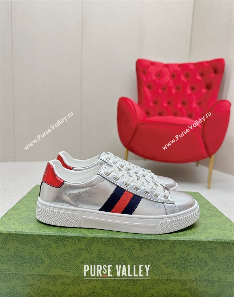 Gucci Ace Leather Sneakers with Web Silver 09 2024 GG101408 (MD-241014090)