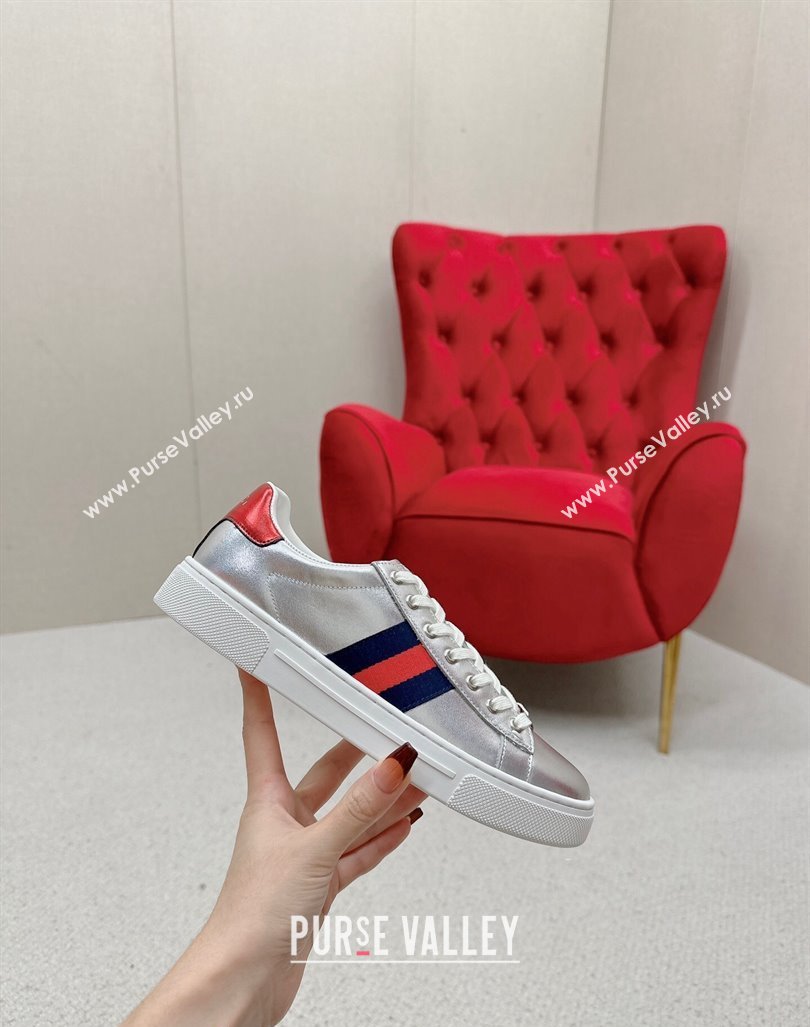 Gucci Ace Leather Sneakers with Web Silver 09 2024 GG101408 (MD-241014090)