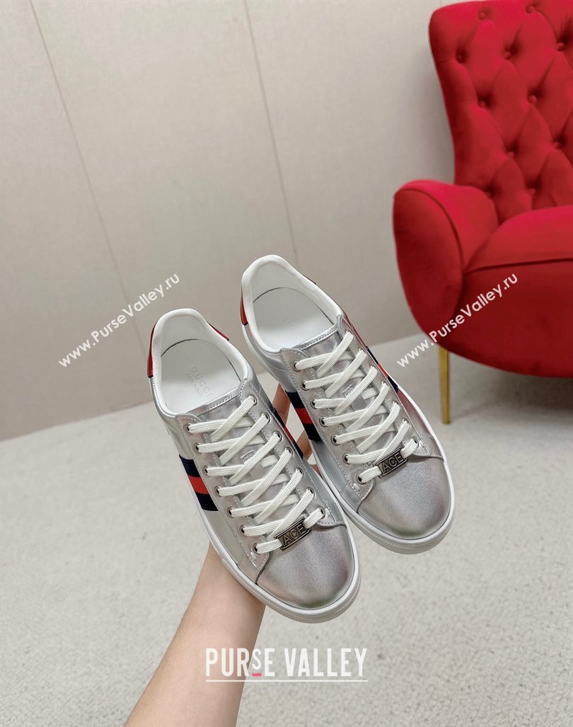 Gucci Ace Leather Sneakers with Web Silver 09 2024 GG101408 (MD-241014090)