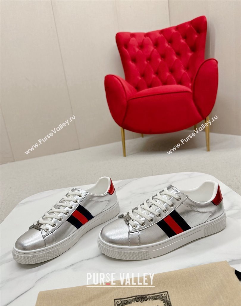 Gucci Ace Leather Sneakers with Web Silver 09 2024 GG101408 (MD-241014090)