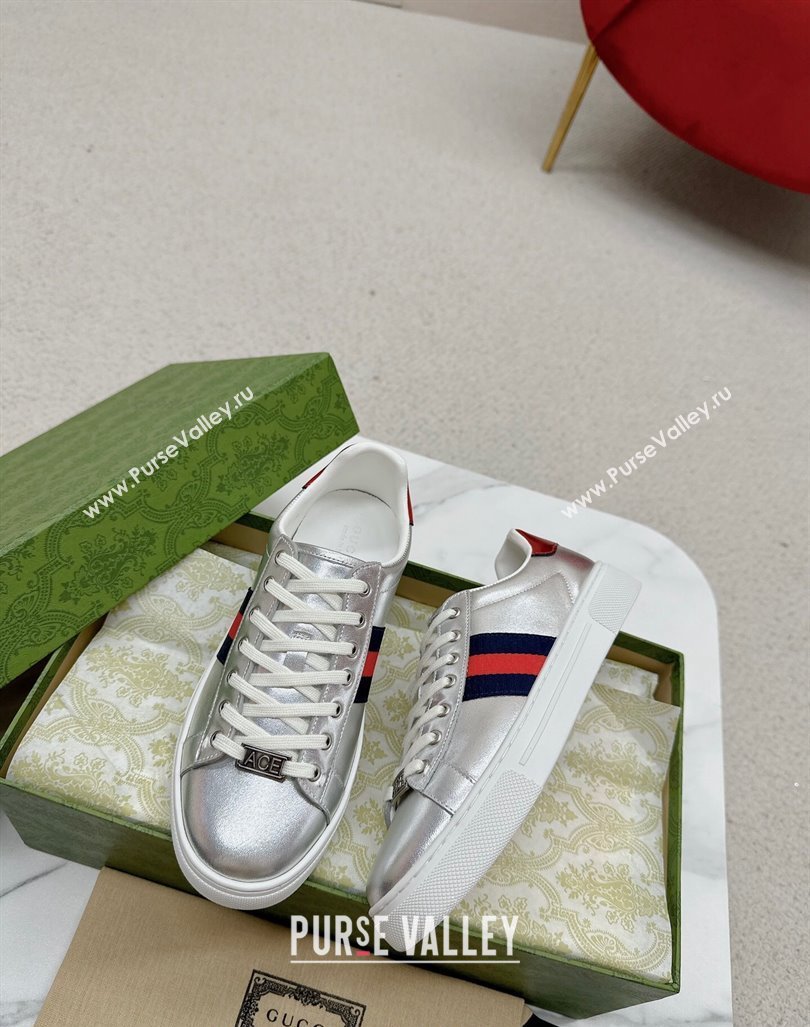 Gucci Ace Leather Sneakers with Web Silver 09 2024 GG101408 (MD-241014090)