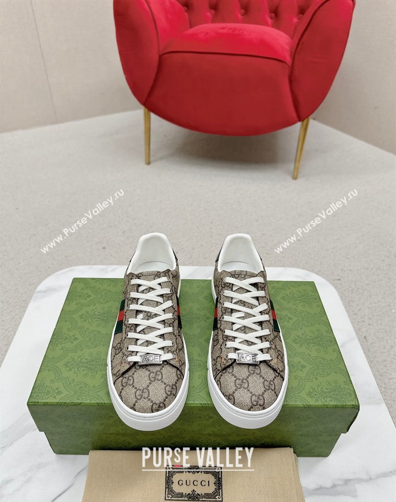 Gucci Ace GG Canvas Sneakers with Web Beige/Green 2024 GG101408 (MD-241014095)