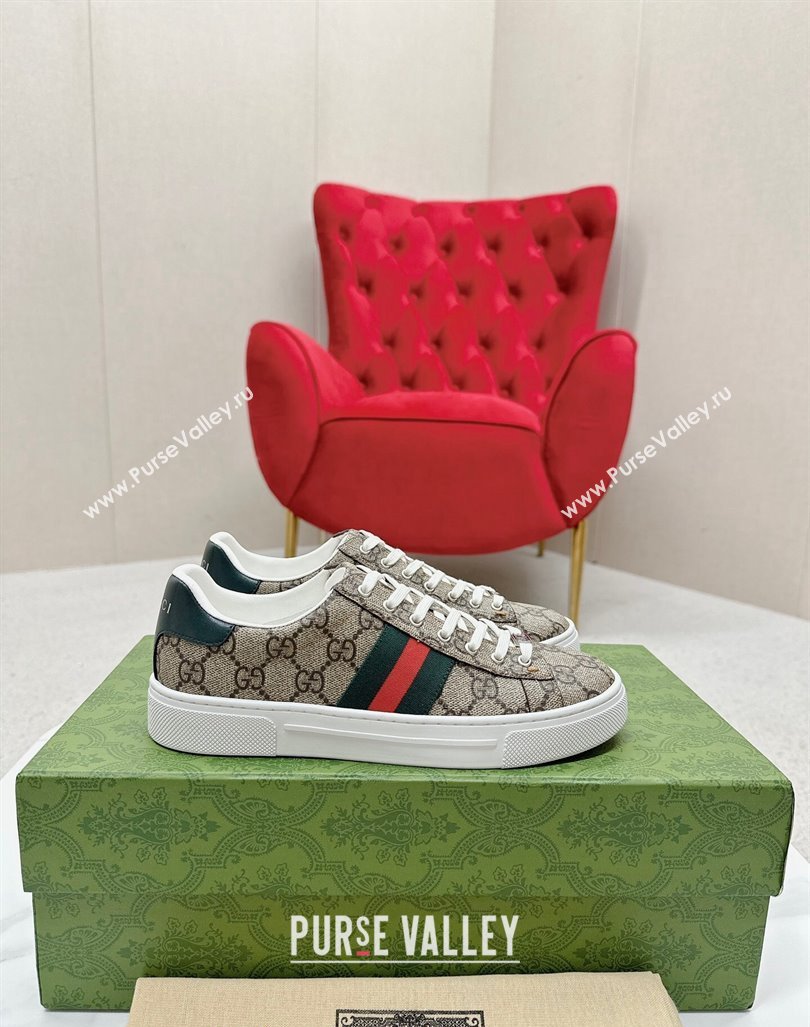 Gucci Ace GG Canvas Sneakers with Web Beige/Green 2024 GG101408 (MD-241014095)