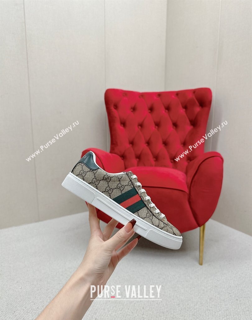 Gucci Ace GG Canvas Sneakers with Web Beige/Green 2024 GG101408 (MD-241014095)