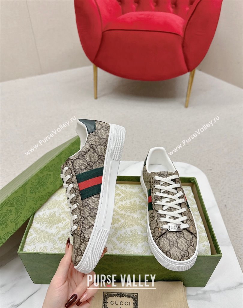 Gucci Ace GG Canvas Sneakers with Web Beige/Green 2024 GG101408 (MD-241014095)