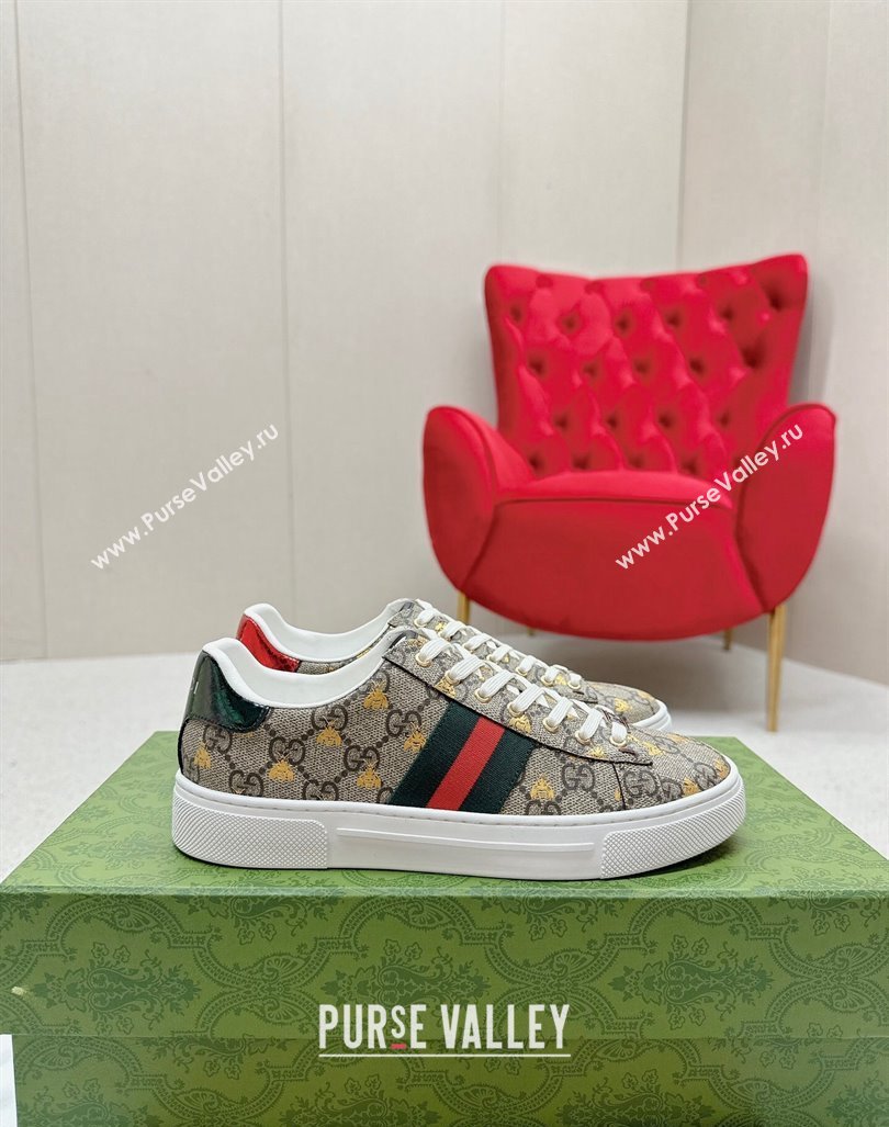 Gucci Ace GG Canvas Sneakers with Gold-Tone Bee Beige 2024 GG101408 (MD-241014096)