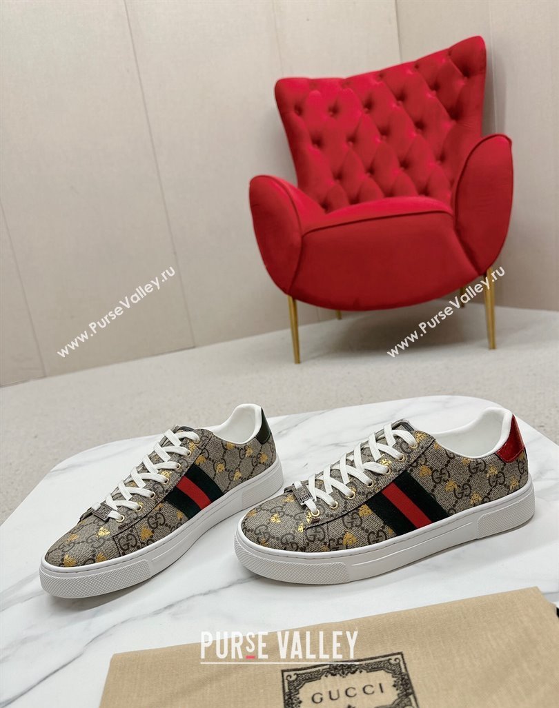 Gucci Ace GG Canvas Sneakers with Gold-Tone Bee Beige 2024 GG101408 (MD-241014096)