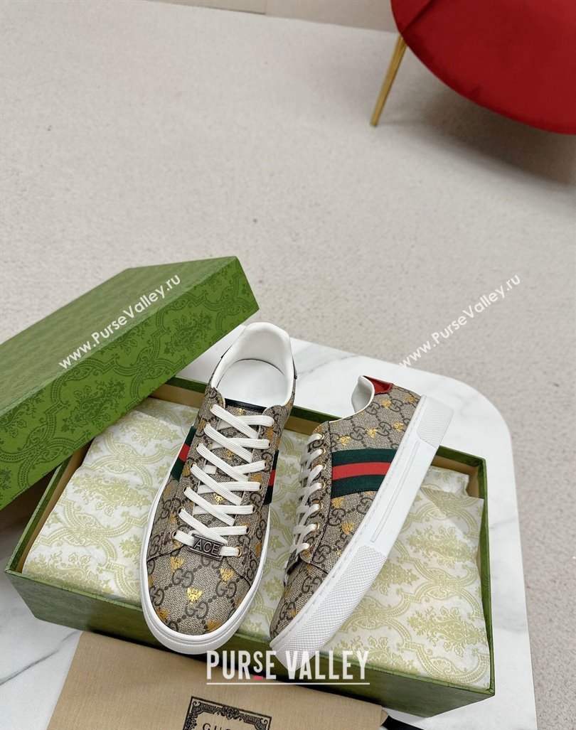 Gucci Ace GG Canvas Sneakers with Gold-Tone Bee Beige 2024 GG101408 (MD-241014096)