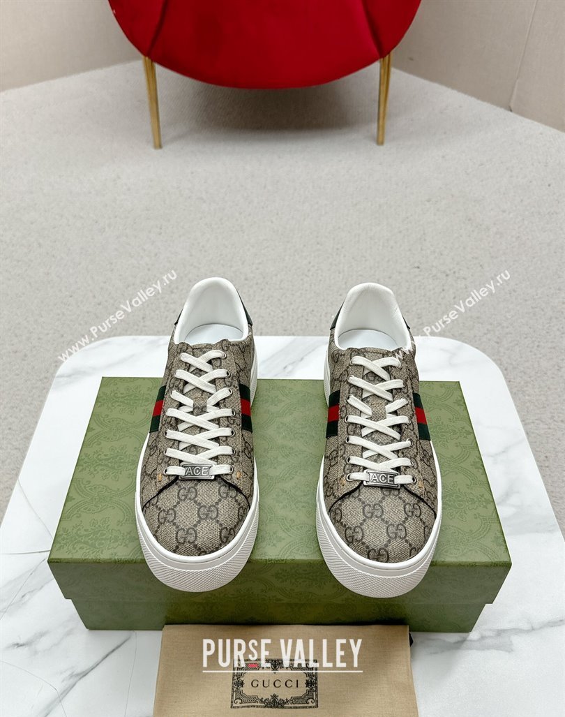 Gucci Ace GG Canvas Platform Sneakers with Web Beige/Green 2024 GG101409 (MD-241014105)