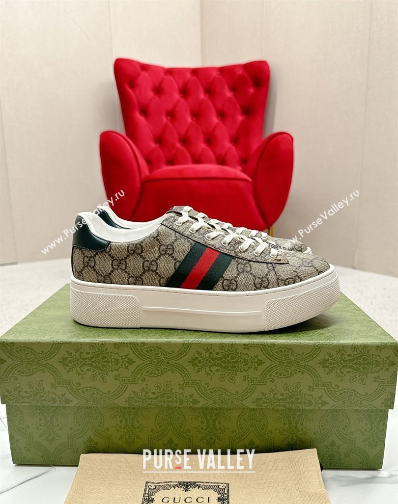 Gucci Ace GG Canvas Platform Sneakers with Web Beige/Green 2024 GG101409 (MD-241014105)