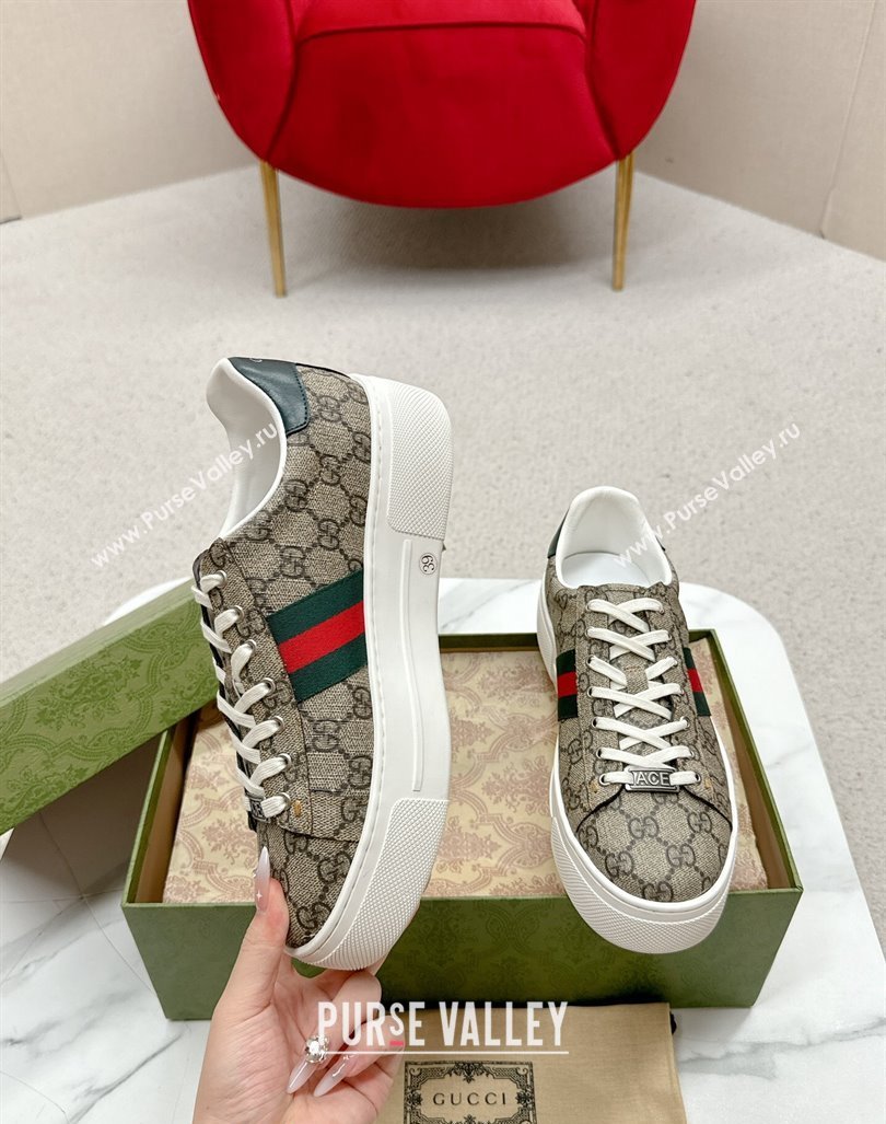 Gucci Ace GG Canvas Platform Sneakers with Web Beige/Green 2024 GG101409 (MD-241014105)