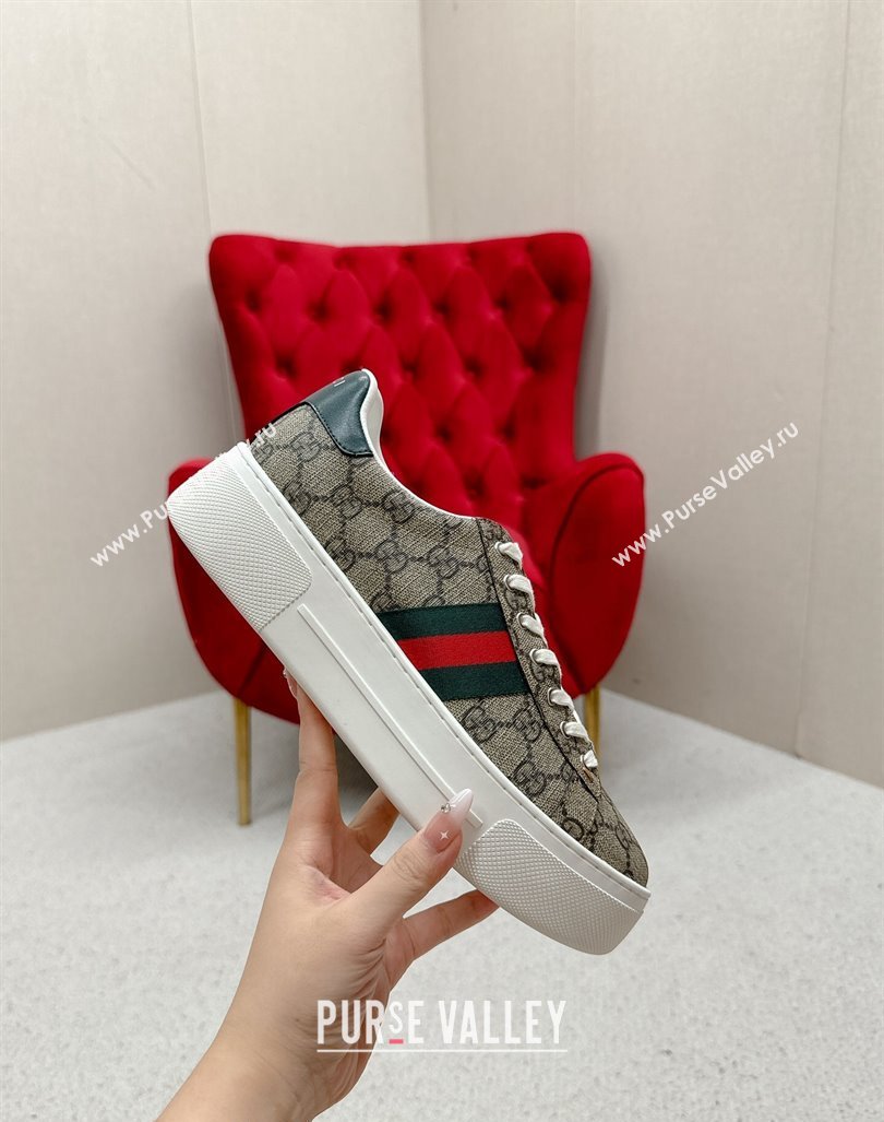 Gucci Ace GG Canvas Platform Sneakers with Web Beige/Green 2024 GG101409 (MD-241014105)