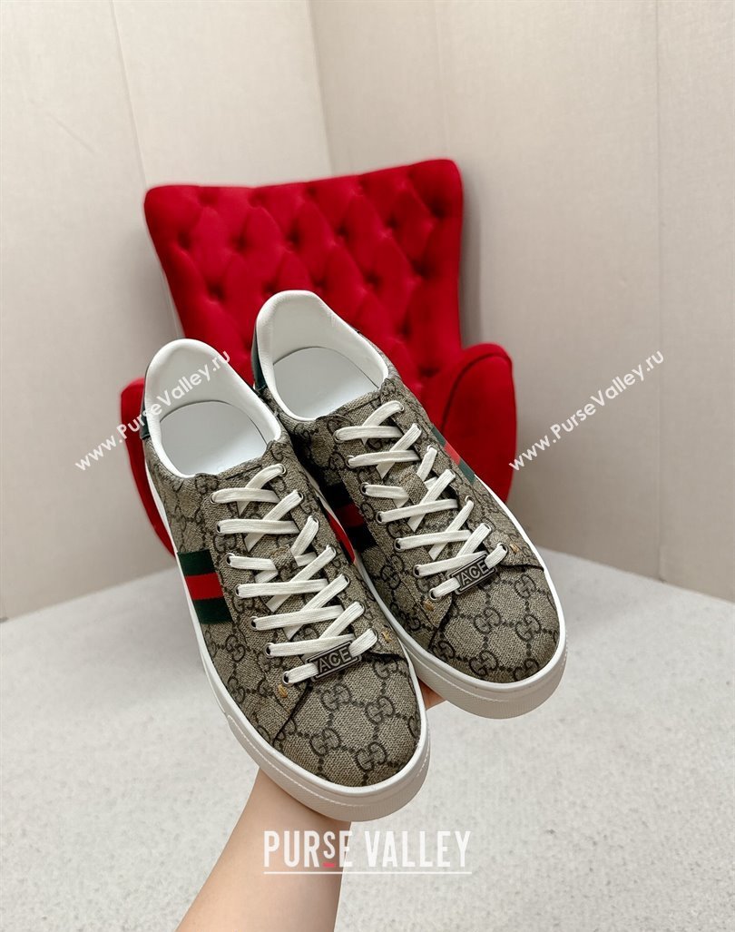 Gucci Ace GG Canvas Platform Sneakers with Web Beige/Green 2024 GG101409 (MD-241014105)