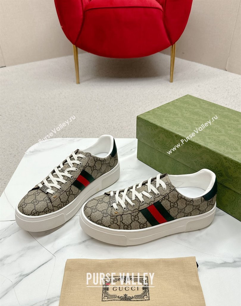 Gucci Ace GG Canvas Platform Sneakers with Web Beige/Green 2024 GG101409 (MD-241014105)