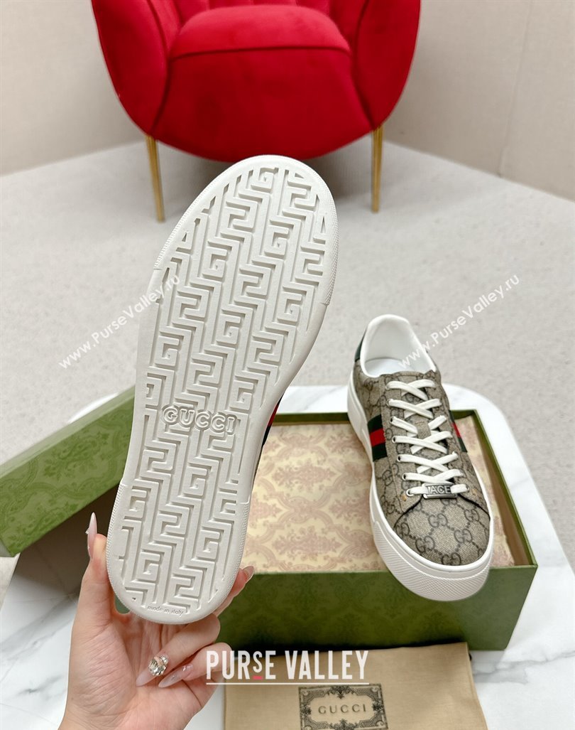 Gucci Ace GG Canvas Platform Sneakers with Web Beige/Green 2024 GG101409 (MD-241014105)