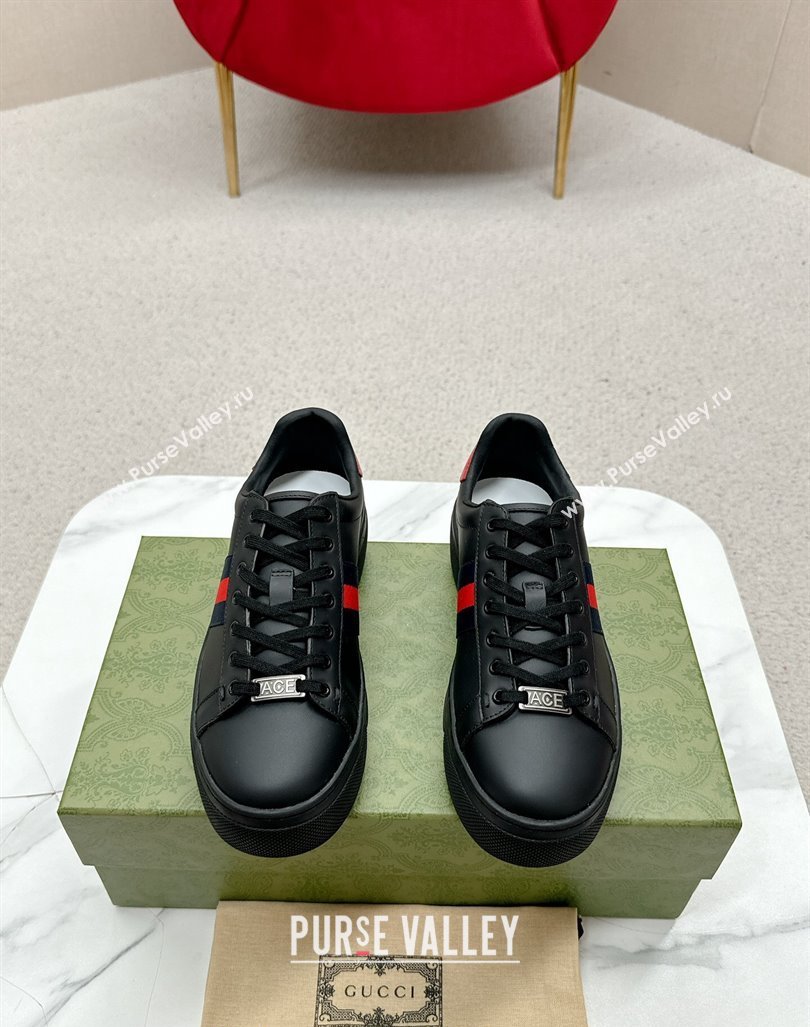 Gucci Ace Leather Platform Sneakers with Web Black/Red 2024 GG101409 (MD-241014106)