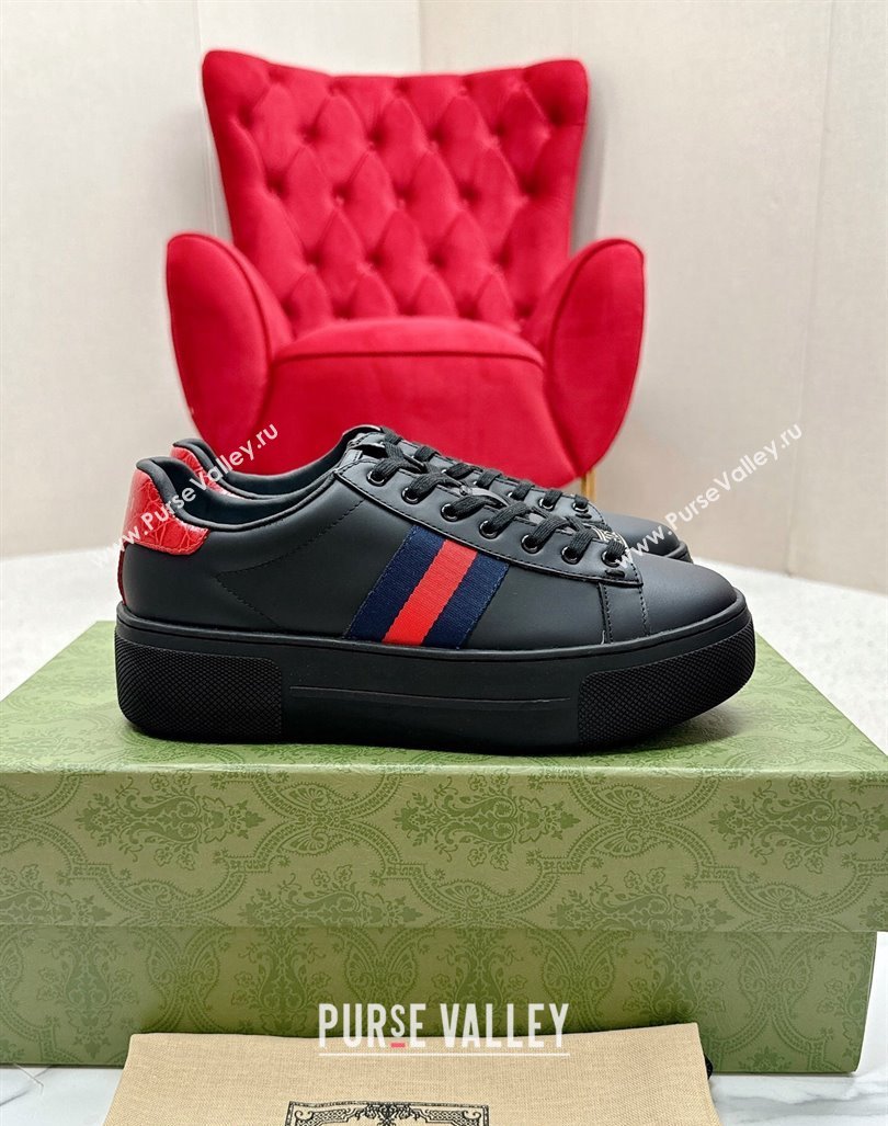 Gucci Ace Leather Platform Sneakers with Web Black/Red 2024 GG101409 (MD-241014106)