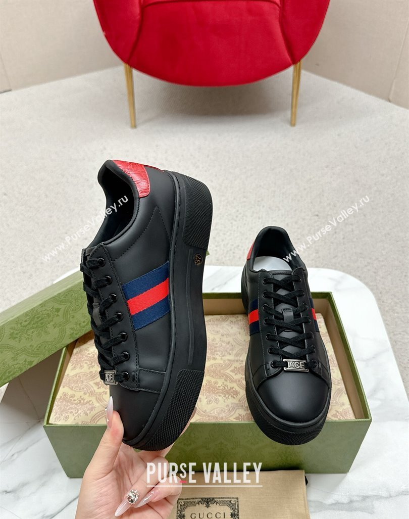 Gucci Ace Leather Platform Sneakers with Web Black/Red 2024 GG101409 (MD-241014106)