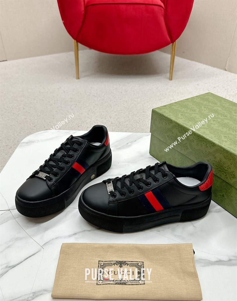 Gucci Ace Leather Platform Sneakers with Web Black/Red 2024 GG101409 (MD-241014106)