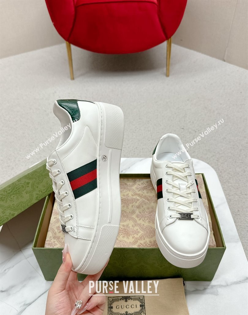 Gucci Ace Leather Platform Sneakers with Web White/Green 2024 GG101409 (MD-241014107)